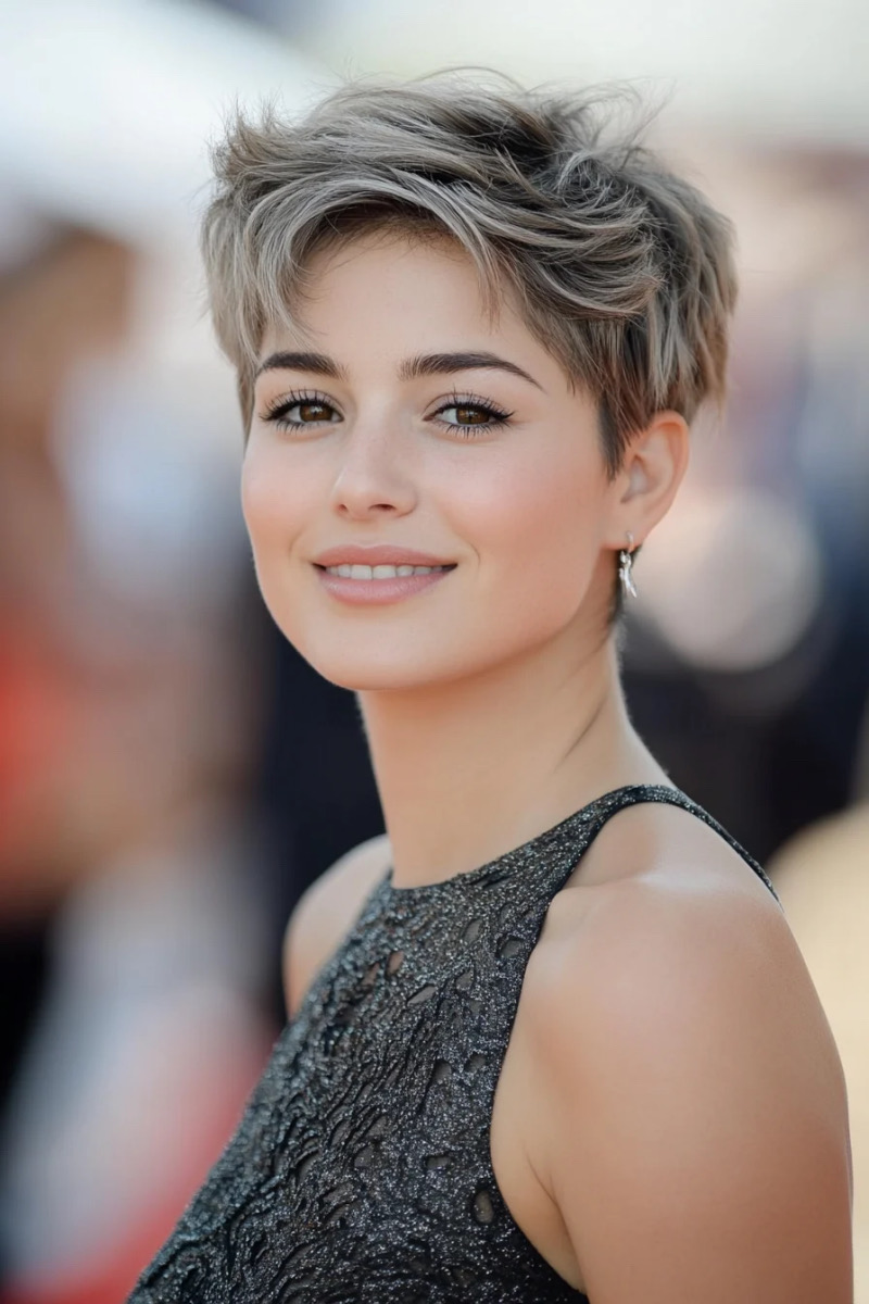 Freche Kurzhaarfrisuren Damen Rundes Gesicht: Der Strukturierte Pixie mit Seitenscheitel