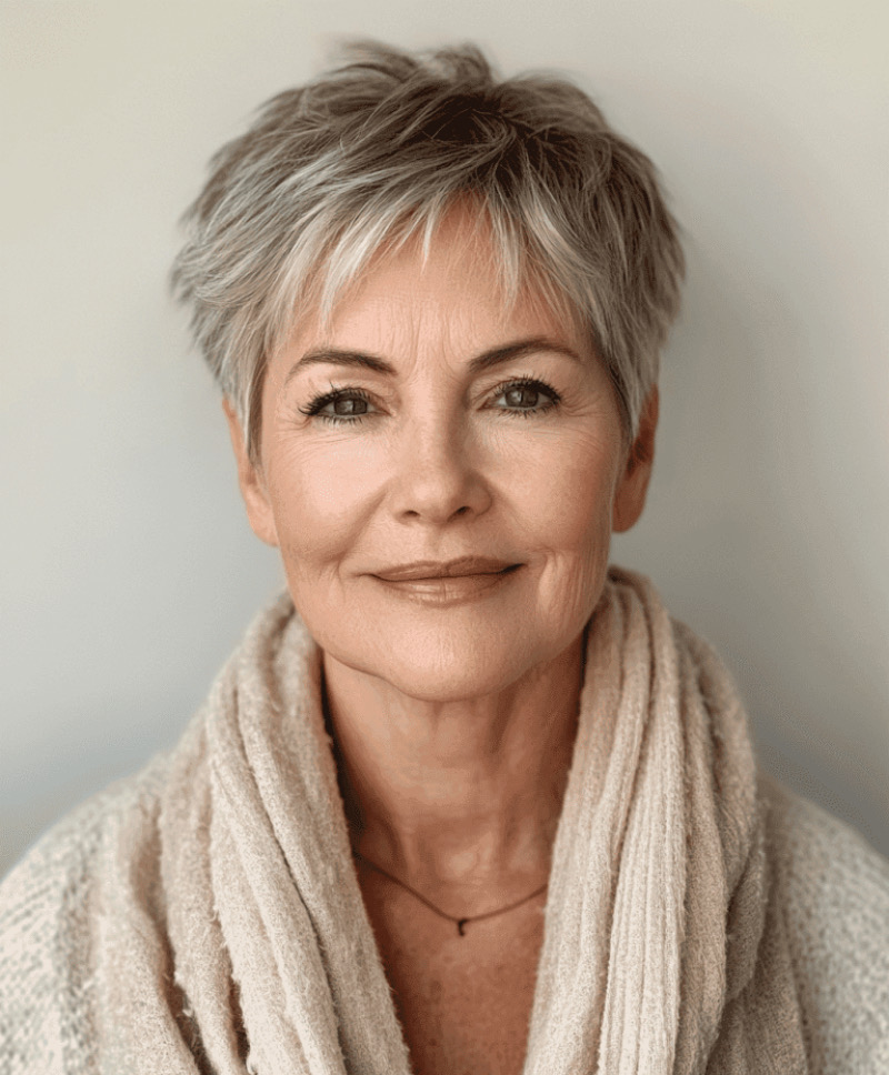 Kurzhaarfrisuren Damen Freche Feines Haar ab 60: Der Silberblonde Pixie mit Volumen