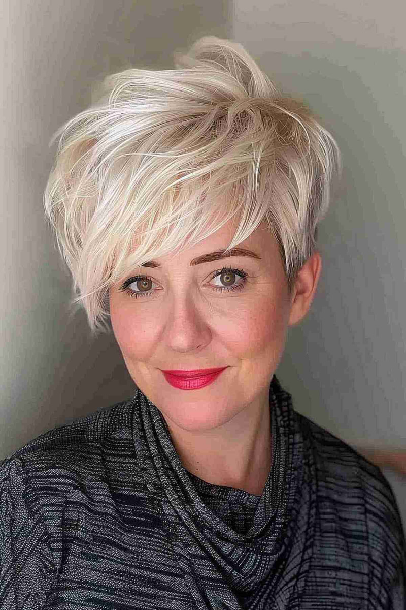 Freche Kurzhaarfrisuren ab 40: Der texturierte Pixie Cut mit Seitenscheitel