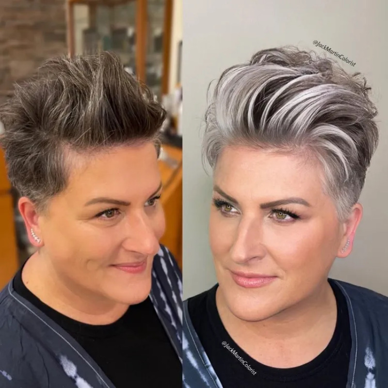 Freche Kurzhaarfrisuren Damen 2025 Grau: Der Grau-Silber Pixie mit asymmetrischem Pony